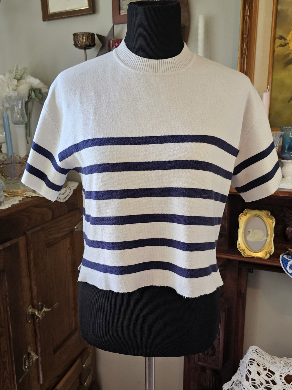 Abercrombie & Fitch Cropped Striped Sweater Top Navy White Small